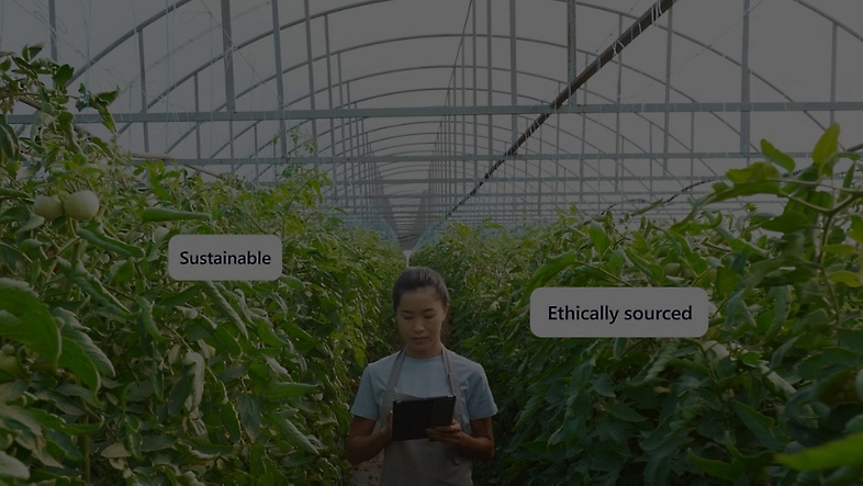 A person walking in a greenhouse with the words sustainable and ethically sourced on either side of them