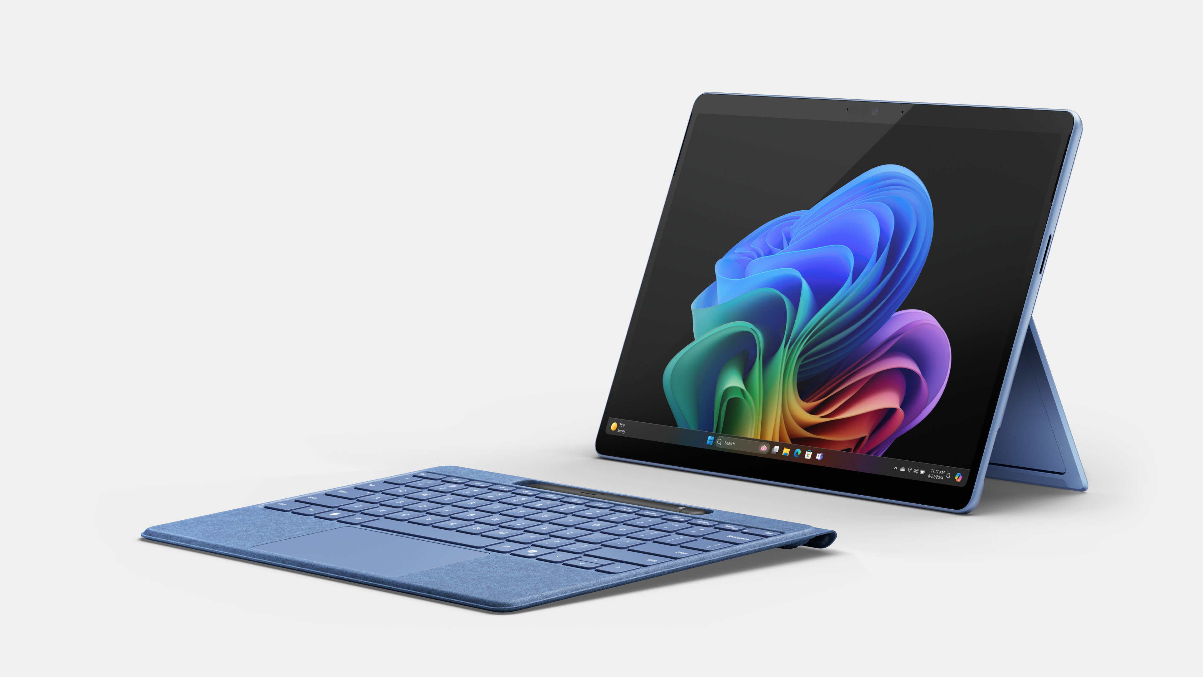 Surface Pro in Sapphire with a detached Surface Pro Flex Keyboard.