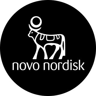 A black and white logo featuring a cow, a heart, a sun, and the text novo nordisk.