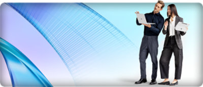 Two people reviewing work on Microsoft Surface devices beside abstract blue curved lines on a light gradient background.