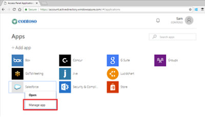 Uma lista de aplicativos no diretório de um usuário e o aplicativo Salesforce sendo gerenciado.