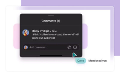 Illustration of a user interface showing a comment from Daisy Phillips suggesting a "coffee from around the world" theme to excite an audience.