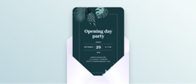 Vabilo na otvoritveno zabavo 29. septembra, ob 20. uri, je prikazano delno vstavljeno v belo ovojnico.