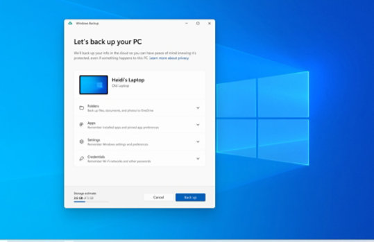 Écran de Sauvegarde Windows affichant l’ordinateur portable de l’utilisateur, ses dossiers, ses applications, ses paramètres et ses informations d’identification.