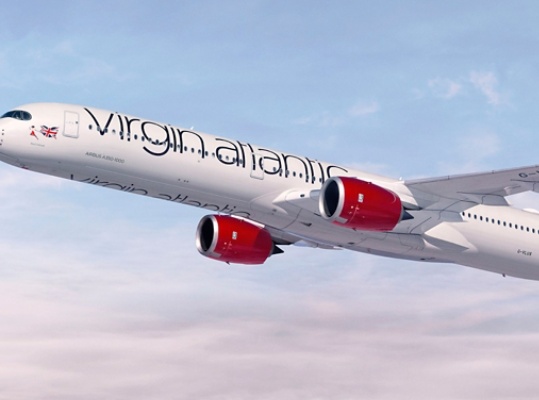 A Virgin Atlantic plane in flight.