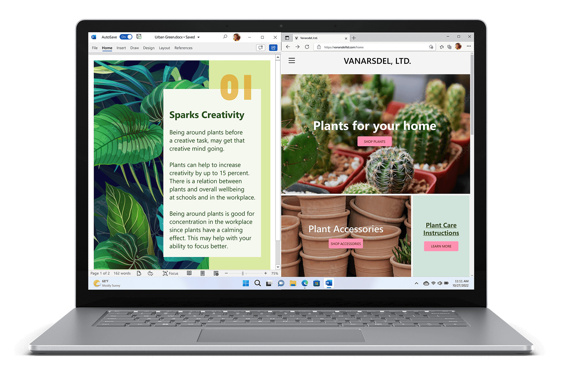 スナップ アシストを使って整理した植物とクリエイティビティに関する Windows 11 画面を表示している、Surface Laptop 5 の正面図。