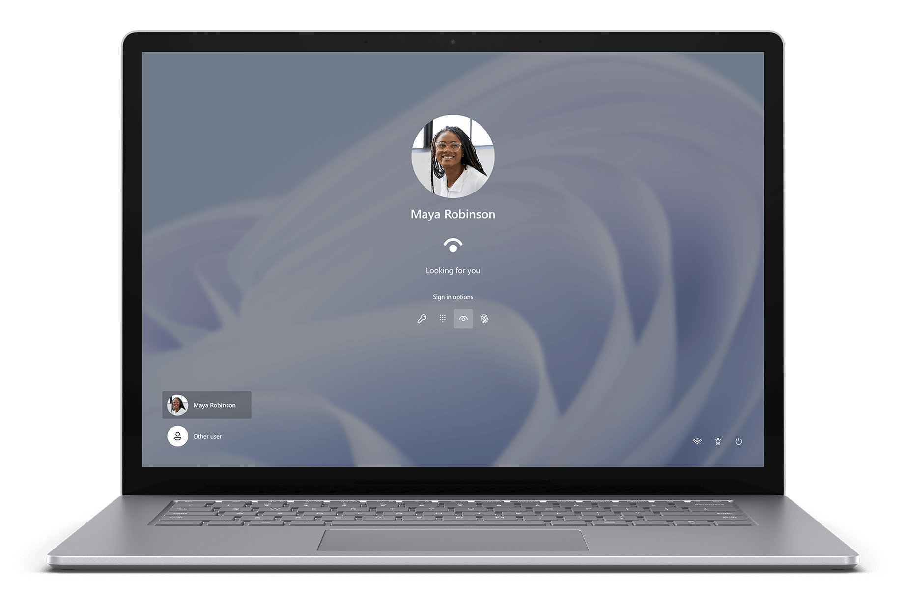 Vista frontal de un dispositivo Surface Laptop 5 con opciones de inicio de sesión de Windows Hello.