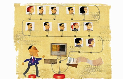 Ilustracija osobe koja stoji pored računara, povezana kablovima sa snimcima više drugih osoba, uređeno kao organizacioni grafikon.