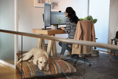 Personne travaillant dans son bureau à domicile, en compagnie de son chien couché juste à côté.
