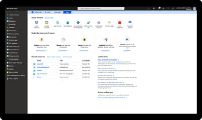 Hjemmedashboardet i Azure, der viser tjenester, nyttige links til de seneste ressourcer og meget mere