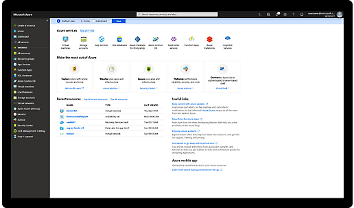 Widok domyślny ekranu głównego użytkownika na platformie Azure z wyświetlonymi usługami, ostatnio używanymi zasobami, przydatnymi linkami i nie tylko 