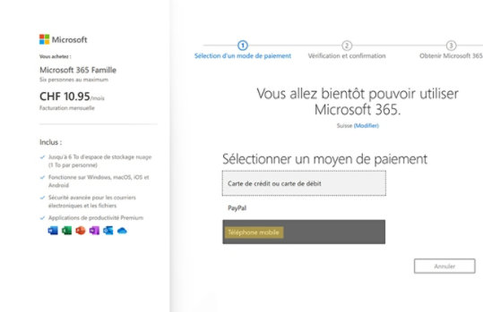 Écran montrant l’étape 2 de la sélection de votre paiement pour vous abonner à Microsoft 365.