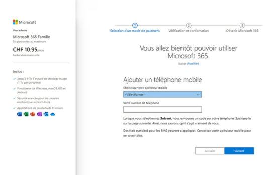 Écran montrant l’étape 3 de l’utilisation des paiements mobiles pour Microsoft 365.