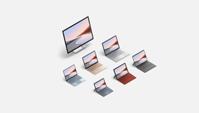 Famille des ordinateurs surface : Surface Studio 2, Surface Pro 7, Surface Laptop 3, Surface Book 3, Surface Laptop Go, Surface Pro X et Surface Go 2. 