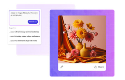 Une interface numérique présentant une image générée de fleurs colorées dans un vase, avec des options pour partager ou régénérer l’image.
