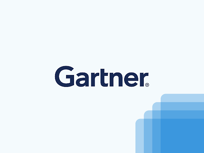 A blue and white logo of Gartner.