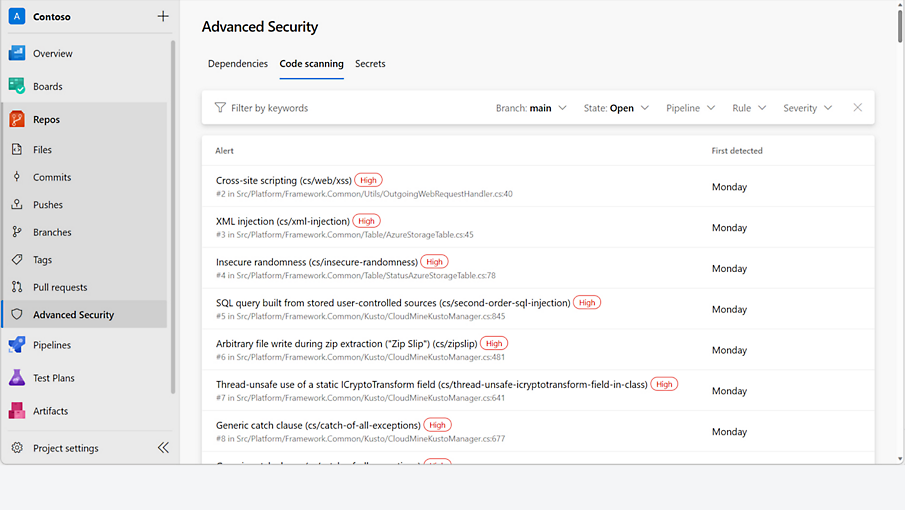 Uma lista de alertas e vulnerabilidades do exame de código na Segurança Avançada