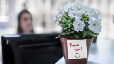 Biljka u saksiji sa belim cvetovima ima natpis „Hvala!“ i nasmejani emotikon