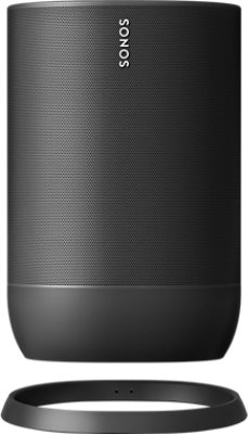 Front view of a Sonos Move speaker and its charging base in Black.