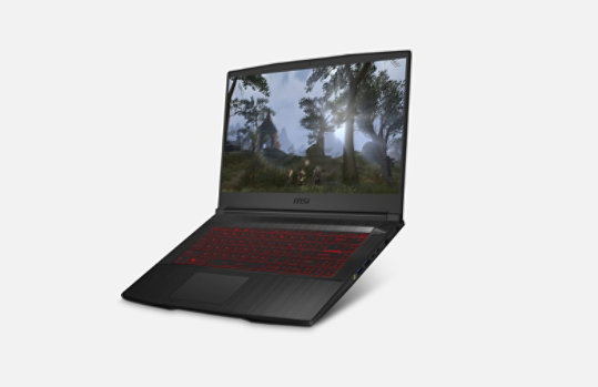 M S I G F 65 Thin 10 S D R-675 Gaming Laptop from the side featuring a game onscreen.