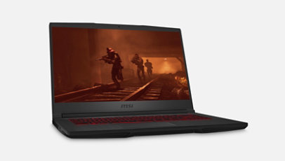 M S I Gaming Thin Laptop viewed from the side featuring a game.