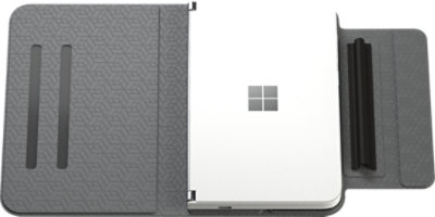 Front view of opened Otterbox Surface Duo Folio Black with device