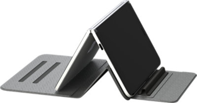 Right angled view of Otterbox Surface Duo Folio Black with device in standing angle