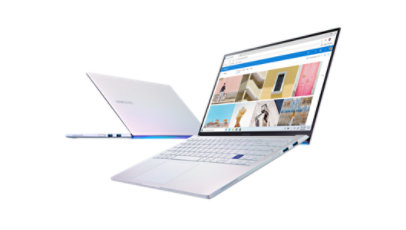 Right rear and front views of floating Samsung Galaxy Book Ion 15 inch