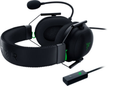Rechterzijaanzicht van liggende Razer BlackShark V2-headset