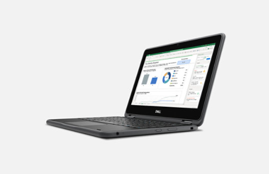 Dell Latitude 3190 2-in-1 laptop from the side with Excel on screen.