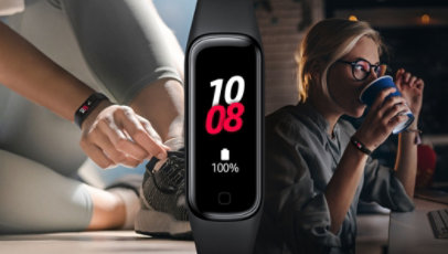 A person tying a shoe. Samsung Galaxy Fit2 Watch. A person drinking water.