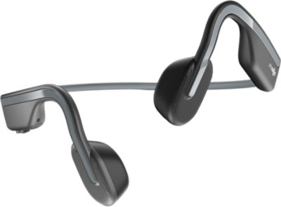 Aftershokz OPENMOVE Wireless Bluetooth Headphones shown slightly twisted to demonstrate how they flex. 