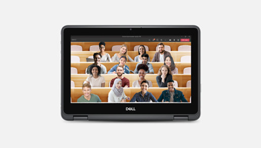 Dell Latitude 3190 2-in-1 laptop in tablet mode with Teams in Together mode on screen