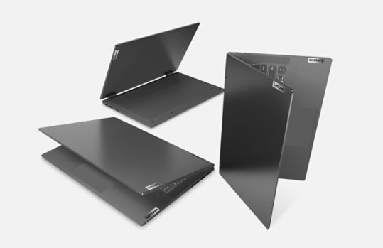 The Lenovo Flex 5 positioned in 3 different modes.