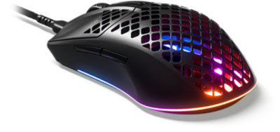Steel Series Aerox 3 Wired Gaming Mouse facing the left from a top angle. 