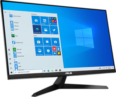 Angled view of Asus VP247HAE Full HD 23.6 Eye Care Monitor facing right with Windows 10 on screen.