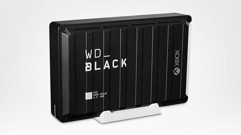Front right-facing view of Western Digital WD_Black D10 Game Drive for Xbox One 12TB