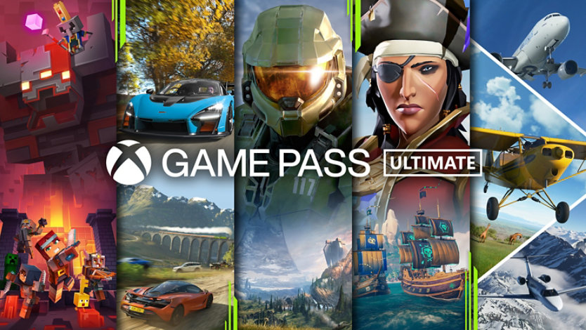Collection of games, Minecraft, Halo, and Forza, available with Game Pass.