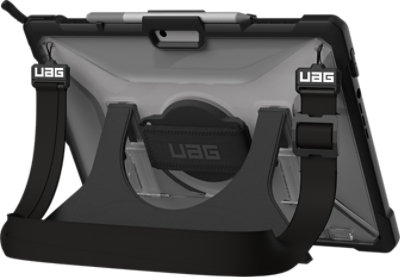 Angled rear view of the U A G Plasma Surface Pro 8 Case with Hand and Shoulder Strap in Ice.