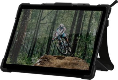 Angled view of the U A G Plasma Surface Pro 8 Case with Hand and Shoulder Strap in Ice.