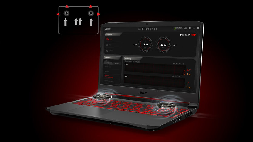 An open Acer Nitro 5 laptop with red back lit keys with two swirls floating above the key board highlighting the cooling fans inside. 