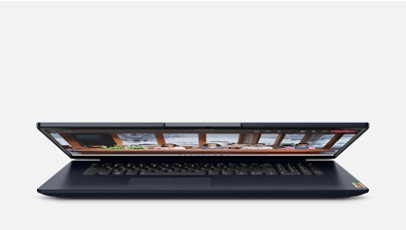 A Lenovo Ideapad partially open showing the privacy camera shutter.