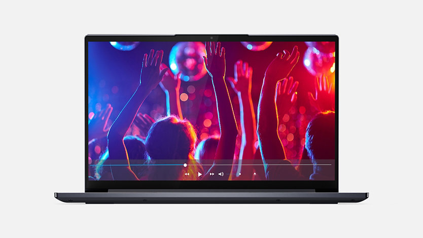 A Lenovo Ideapad Slim 7 i 14 laptop front-view streaming video.