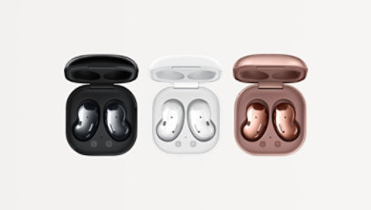 Black, White, and Bronze Samsung Galaxy Buds in their cases.