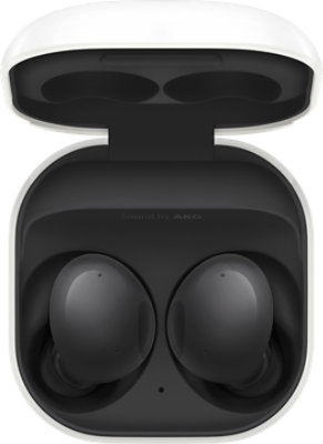 Top view of the Samsung Galaxy Buds 2 in their charging case in Graphite.