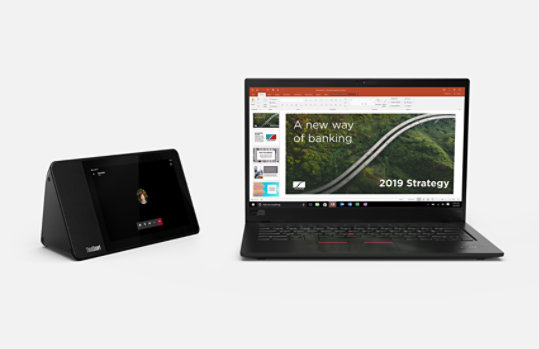 A Lenovo PC along Lenovo ThinkSmart View with Microsoft Teams on screen