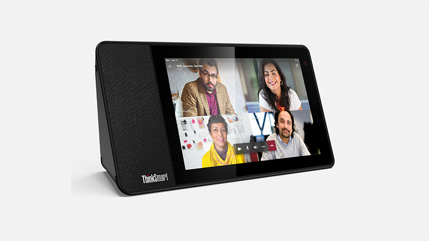 Lenovo ThinkSmart View with 4 people on screen using Microsoft Teams. 