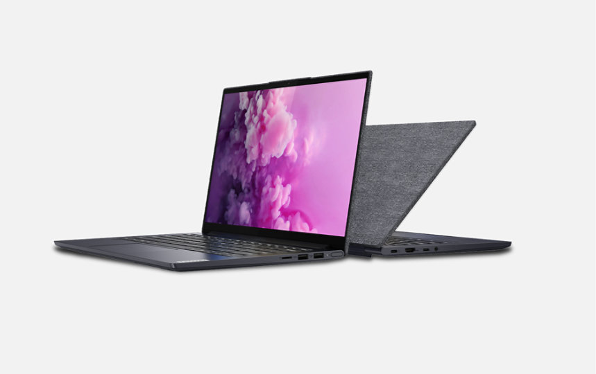 A Lenovo Ideapad Slim Slate gray with fabric cover Laptop facing left next to a rear view of the same laptop.