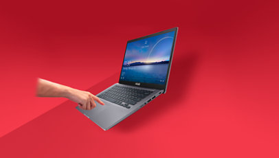 Front right view of Asus Vivo Book 14 laptop showing a person's hand using the built-in fingerprint sensor. 