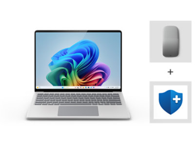 A 13.8 inch Surface laptop in the color platinum with an Arc mouse in the color light gray and Microsoft complete.